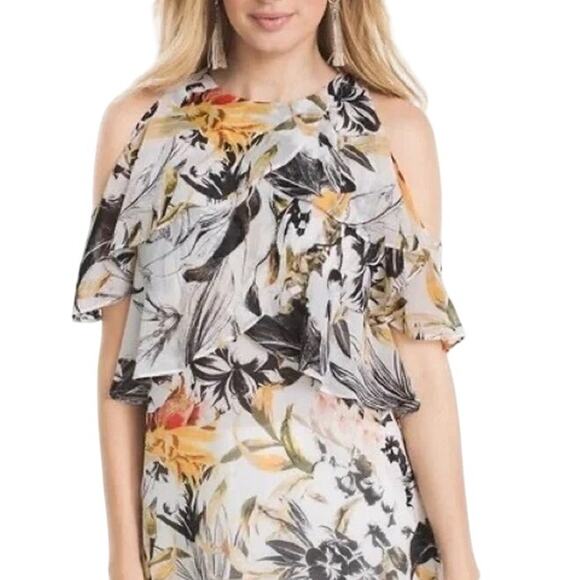 WHBM‎ Leighton Cold Shoulder Chiffon Beige Floral blouse NWT - Picture 1 of 16